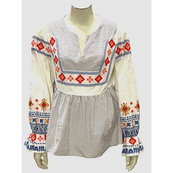 Classy City Chicks Tops - CCC Striped Bohemian Embroidered Long Sleeve Blouse V Neck Peplum Hem Coquette S